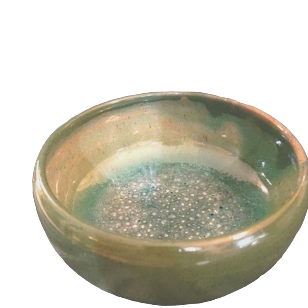 Small handmade pottery bowl green glazed signed